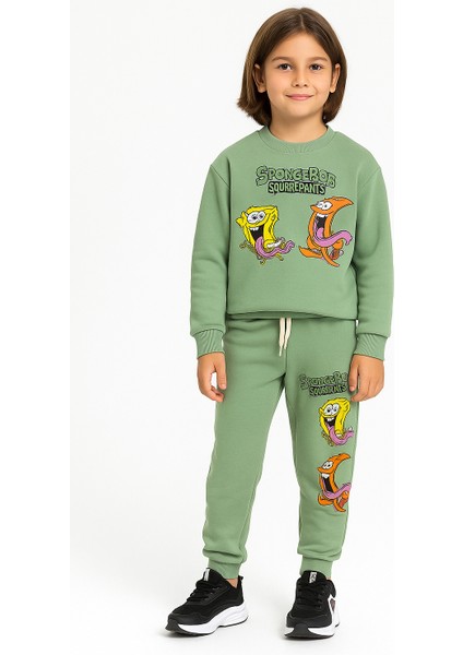 Sünger Bob Baskılı Çocuk Eşofman Takımı – Yeşil | 2’li Kapüşonsuz Sweatshirt & Alt – Pamuklu Kumaş | 2-10 Yaş