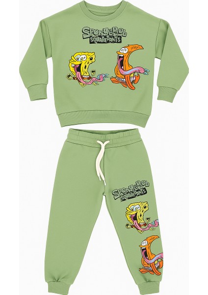 Sünger Bob Baskılı Çocuk Eşofman Takımı – Yeşil | 2’li Kapüşonsuz Sweatshirt & Alt – Pamuklu Kumaş | 2-10 Yaş fiyatları