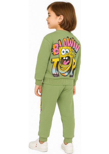 Sünger Bob Baskılı Çocuk Eşofman Takımı – Yeşil | 2’li Kapüşonsuz Sweatshirt & Alt – Pamuklu Kumaş | 2-10 Yaş modelleri