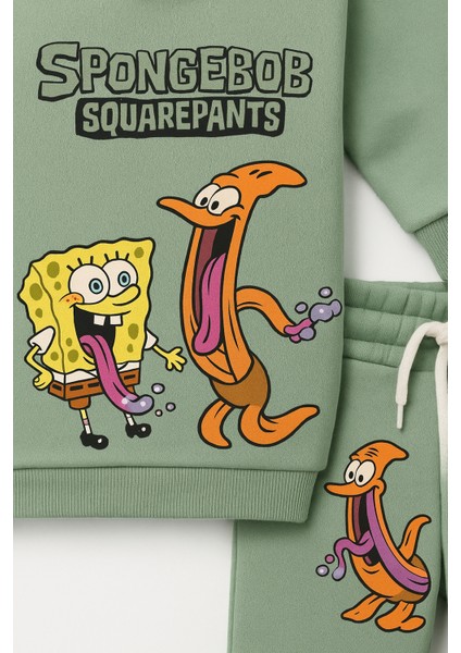 Sünger Bob Baskılı Çocuk Eşofman Takımı – Yeşil | 2’li Kapüşonsuz Sweatshirt & Alt – Pamuklu Kumaş | 2-10 Yaş fırsatları