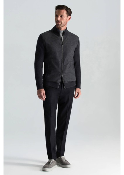 Merino Yün Ekose Desen Antrasit Business Triko Ceket