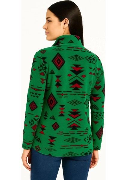 Kadın Yarım Fermuarlı Desenli Polar Sweat Tribal Etnik Desen Yakalı, Uzun Kollu, Oversize Rahat Kalıp - Yeşil fiyatları