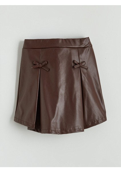 Yeni Sezon Beli Lastikli Deri Görünümlü Pileli Kız Çocuk Etek