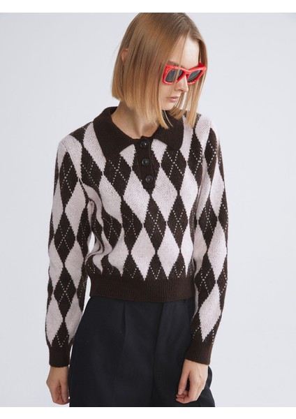 Yeni Sezon Polo Yaka Baklava Desenli Kadın Triko Kazak