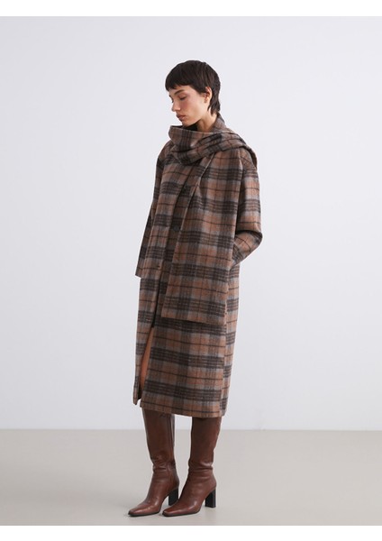 Yeni Sezon Atkılı Bisiklet Yaka Ekose Kadın Kaşe Kaban