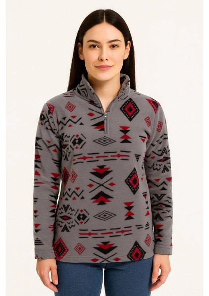 Kadın Yarım Fermuarlı Desenli Polar Sweat Tribal Etnik Desen Yakalı, Uzun Kollu, Oversize Rahat Kalıp - Füme fiyatları