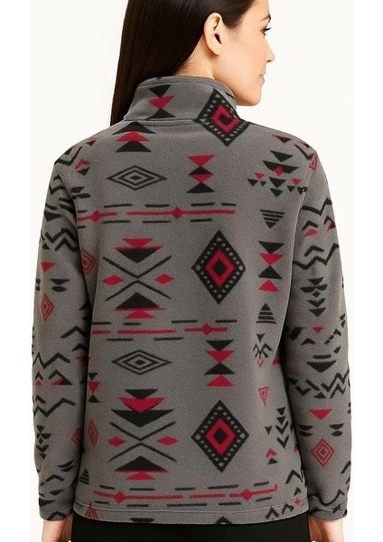 Kadın Yarım Fermuarlı Desenli Polar Sweat Tribal Etnik Desen Yakalı, Uzun Kollu, Oversize Rahat Kalıp - Füme modelleri