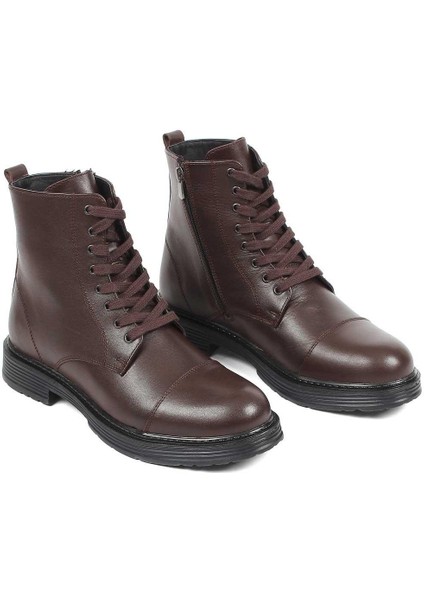 Erkek Kahverengi Bağcıklı Fermuarlı Deri Bot