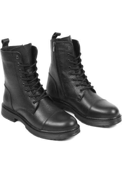 Erkek Siyah Bağcıklı Fermuarlı Deri Bot