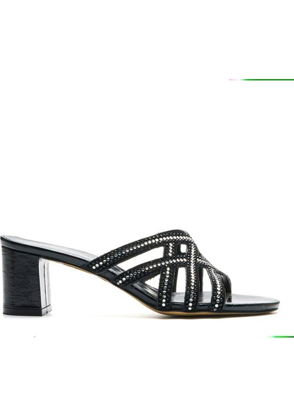 Monapa Siyah Hakiki Deri Kadın Topuklu Terlik
