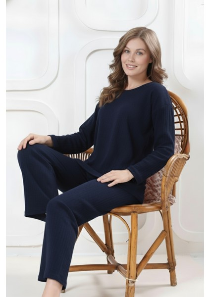 Pamuklu Kalın Kışlık Interlok Şeritli Uzun Kollu Örme Pijama Takımı