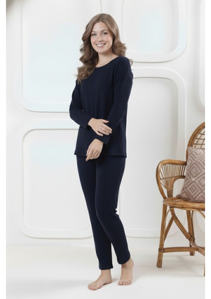 Pamuklu Kalın Kışlık Interlok Şeritli Uzun Kollu Örme Pijama Takımı modelleri