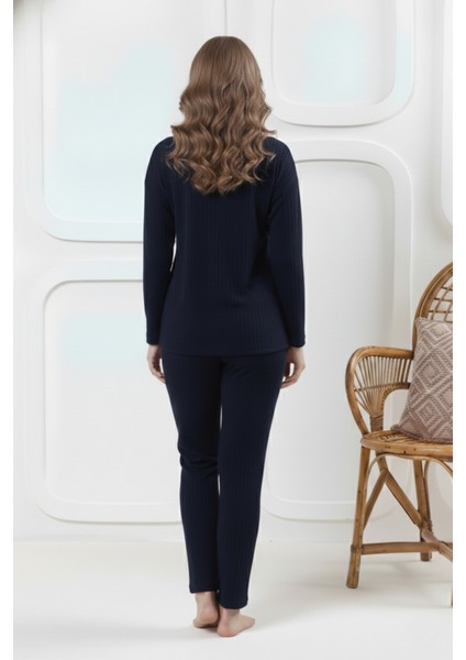 Pamuklu Kalın Kışlık Interlok Şeritli Uzun Kollu Örme Pijama Takımı fırsatları
