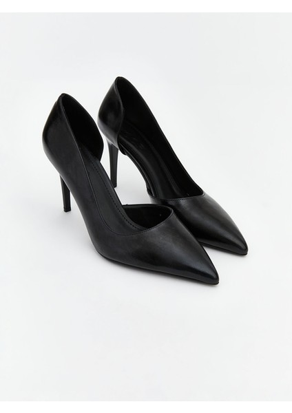 Yeni Sezon Deri Görünümlü Sivri Burun Kadın Topuklu Ayakkabı