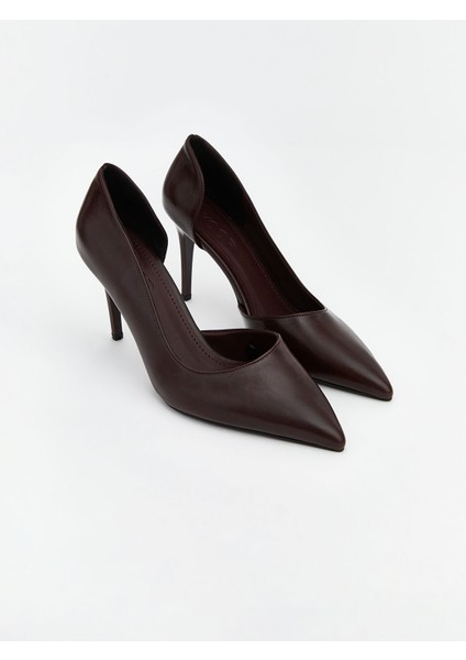 Yeni Sezon Deri Görünümlü Sivri Burun Kadın Topuklu Ayakkabı