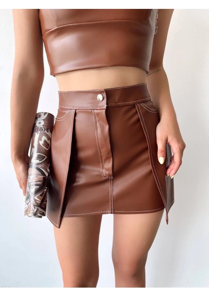 Yzlal Kontrast Deri Etek Kahve W260015 (Beden: M)