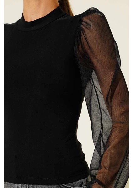 Yzlal Dik Yaka Tül Kollu Bluz Siyah T3066 (Beden: M) indirimleri