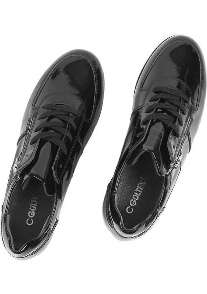 Kadın Siyah Bağcıklı Fermuarlı Rugan Dolgu Topuklu Deri Ayakkabı