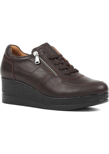 Kadın Kahverengi Bağcıklı Fermuarlı Dolgu Topuklu Deri Ayakkabı fiyatları