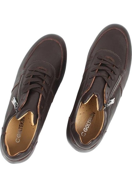 Kadın Kahverengi Bağcıklı Fermuarlı Dolgu Topuklu Deri Ayakkabı