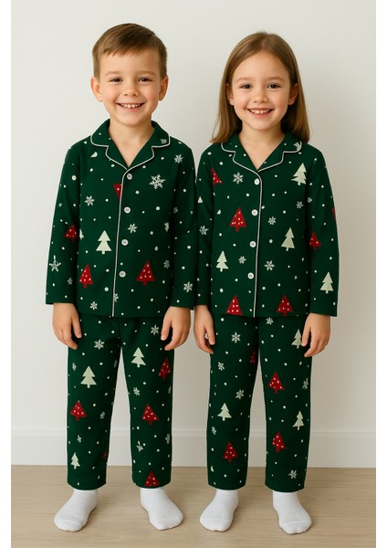 Yılbaşı Desenli Yeşil Renk Unisex Çocuk Pijama Takımı