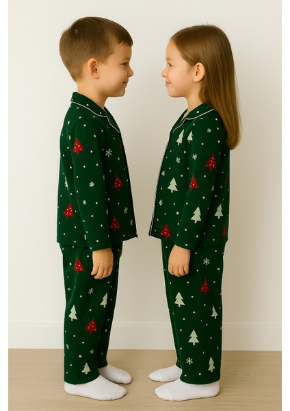 Yılbaşı Desenli Yeşil Renk Unisex Çocuk Pijama Takımı modelleri