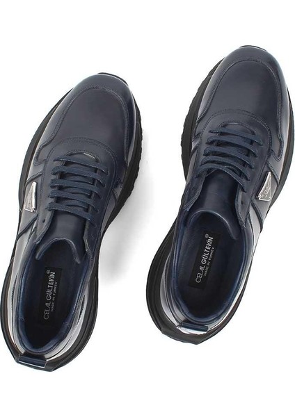 Erkek Lacivert Bağcıklı Kalın Tabanlı Deri Sneaker