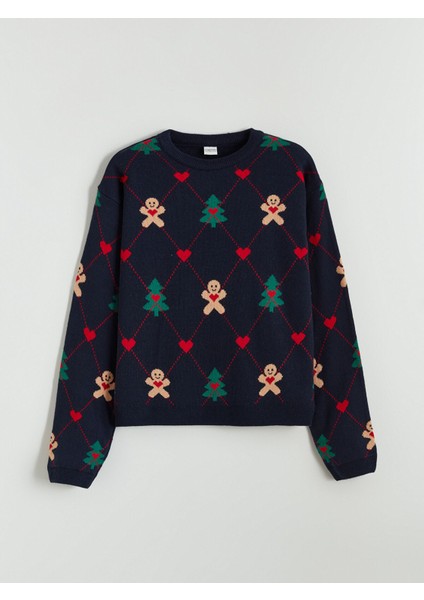 Yeni Sezon Bisiklet Yaka Yılbaşı Temalı Kız Çocuk Triko Kazak