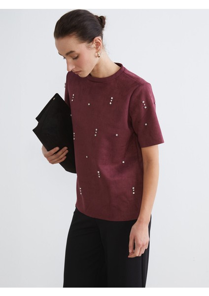 Yeni Sezon Bisiklet Yaka Taşlı Süet Görünümlü Bluz