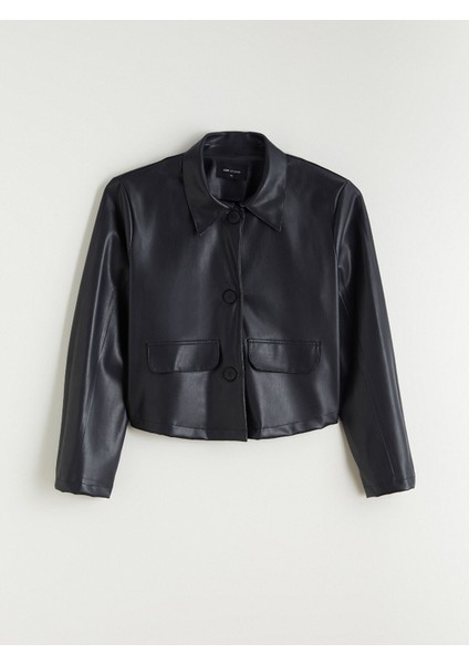 Yeni Sezon Gömlek Yaka Kadın Deri Görünümlü Ceket