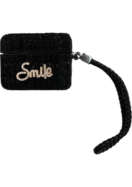 Pro/pro 2 ile Uyumlu Kumaş Dokulu Taş Detaylı Askılı Kılıf – "smile", "goodluck" ve Ayıcık Figürlü Şık Tasarımlar (Smile Siyah)