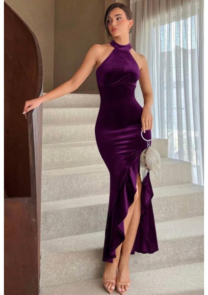 Halter Yaka Uzun Kadife Abiye Elbise