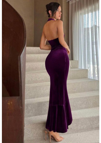 Halter Yaka Uzun Kadife Abiye Elbise fiyatları