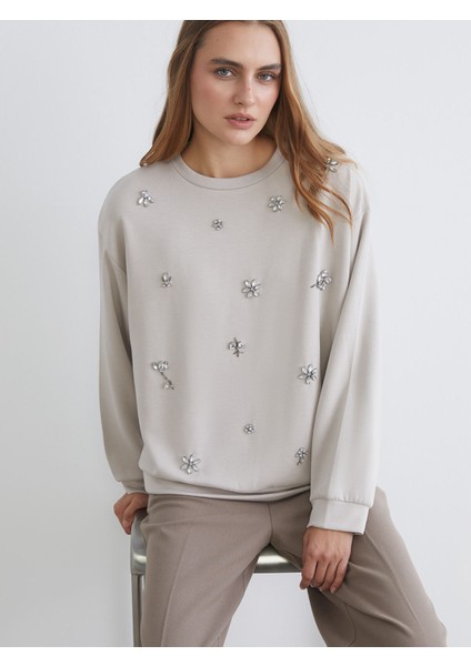 Yeni Sezon Bisiklet Yaka Oversize Taşlı Bluz