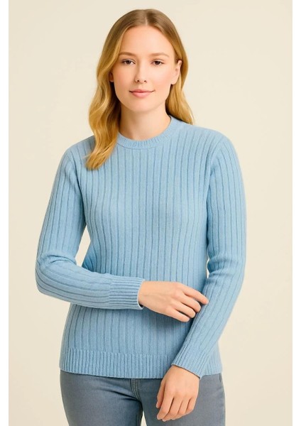 Kadın Bisiklet Yuvarlak Yaka Triko Kazak Pamuklu Kalın Fitilli Dokuma, Regular Fit Uzun Kollu Kışlık Model - Bebe Mavisi