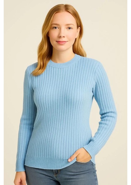 Kadın Bisiklet Yuvarlak Yaka Triko Kazak Pamuklu Kalın Fitilli Dokuma, Regular Fit Uzun Kollu Kışlık Model - Bebe Mavisi fiyatları