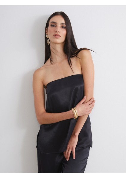 Yeni Sezon Straplez Yaka Saten Bluz