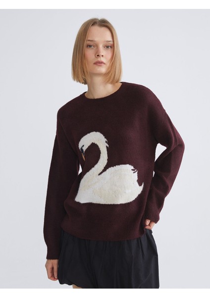 Yeni Sezon Kuğu Desenli Oversize Kadın Triko Kazak