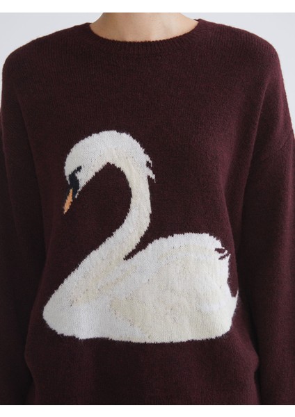 Yeni Sezon Kuğu Desenli Oversize Kadın Triko Kazak modelleri