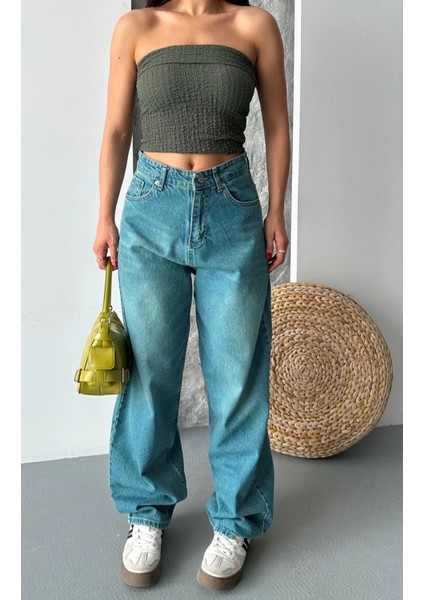 Yzlal Baggy Taş Enzim Bıyık Yıkama Jeans Pantolon Yeşil Tint D2007 (Beden: 36) fırsatları