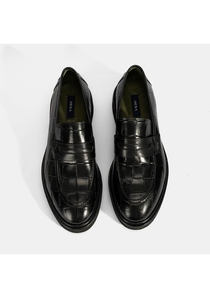 Erkek Siyah Kroko Baskılı Deri Loafer