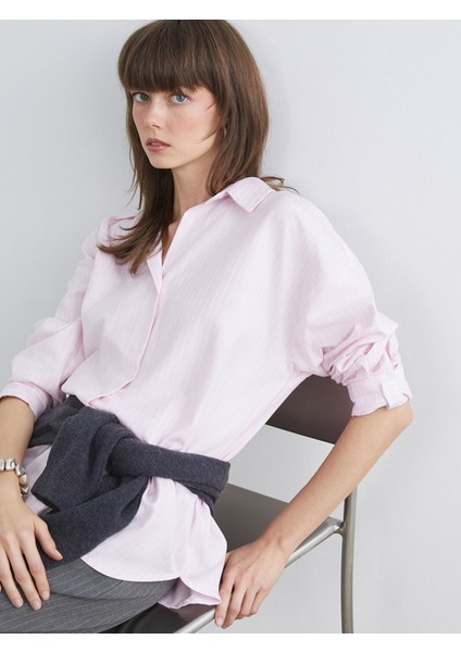 Yeni Sezon Çizgili Oversize Kadın Gömlek