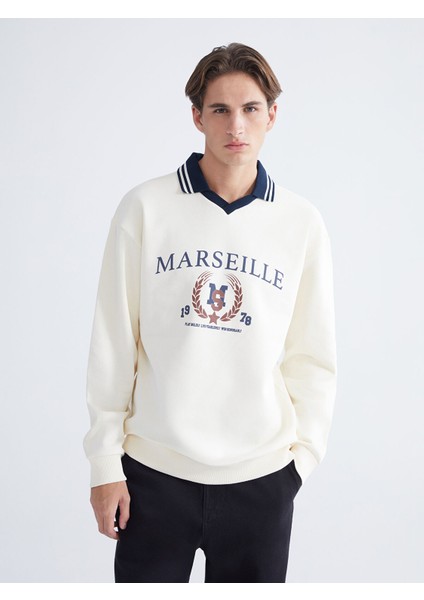 Yeni Sezon Polo Yaka Baskılı Erkek Kalın Sweatshirt