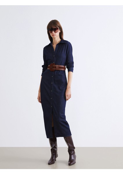 Yeni Sezon Gömlek Yaka Büzgülü Jean Elbise