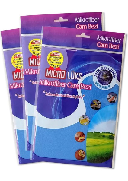 Lüks Mikrofiber Microlüks Cam Temizlik Bezi 40X50CM (Mavi, 3lü Paket)