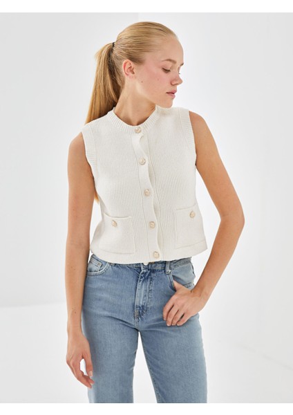 Yeni Sezon Bisiklet Yaka Dokulu Kadın Triko Yelek