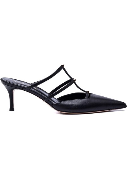Lusha Siyah Hakiki Deri Kadın Topuklu Terlik