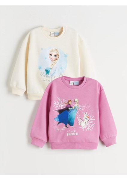 Yeni Sezon Bisiklet Yaka Elsa Baskılı Kız Çocuk Sweatshirt 2'li