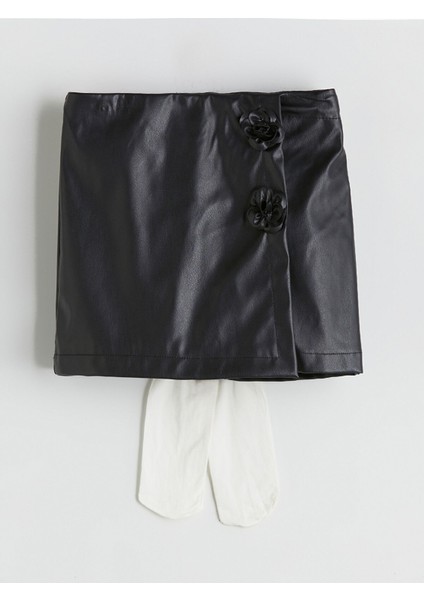 Yeni Sezon Deri Görünümlü Kız Çocuk Şort Etek ve Külotlu Çorap