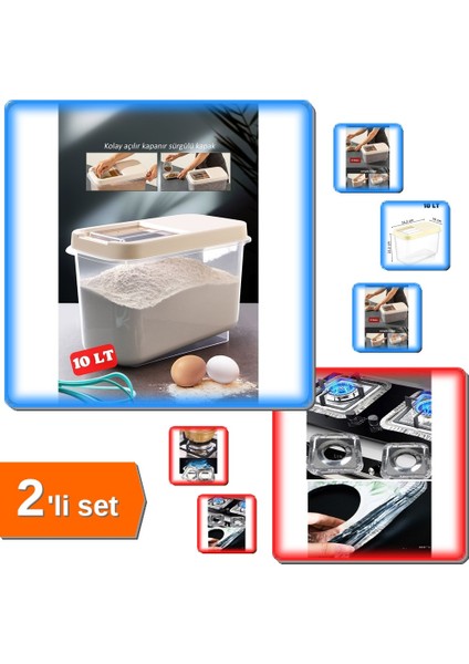 10 Lt Sürgülü Saklama Kabı + 20 Adet Ocak Üstü Koruyucu Folyo Seti - 2li Set D1B6K4